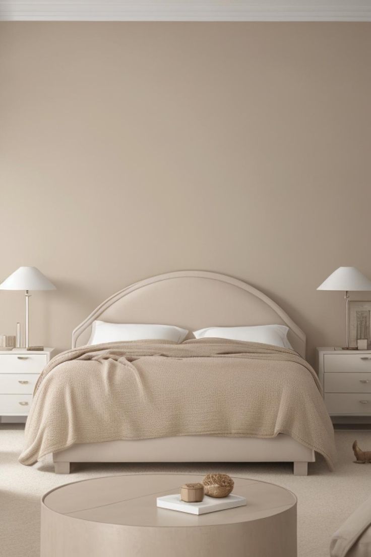 Cream and beige bedroom with an arched headboard, white pillows, and a textured tan bed cover.