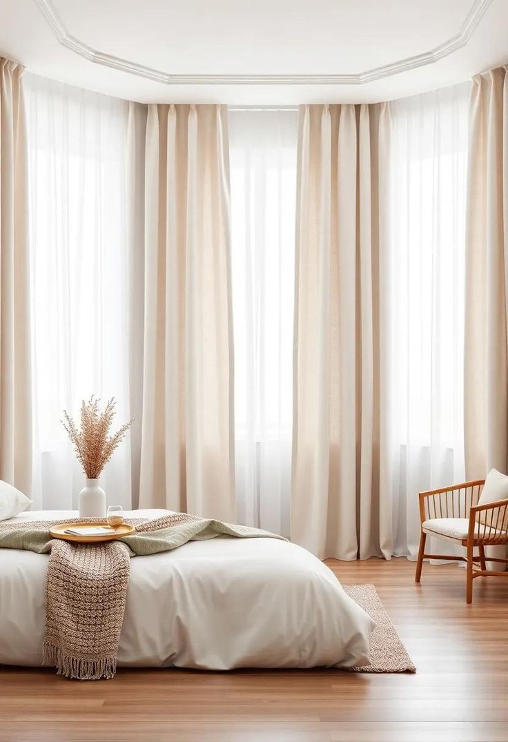 Cream curtains and white sheers following a curved window wall beside a low white bed.