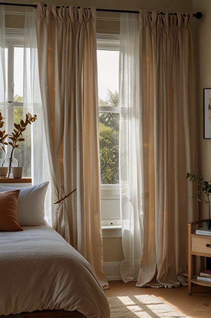 White sheer panels and fuller beige curtains beside a bed with white pillows and a beige cover.