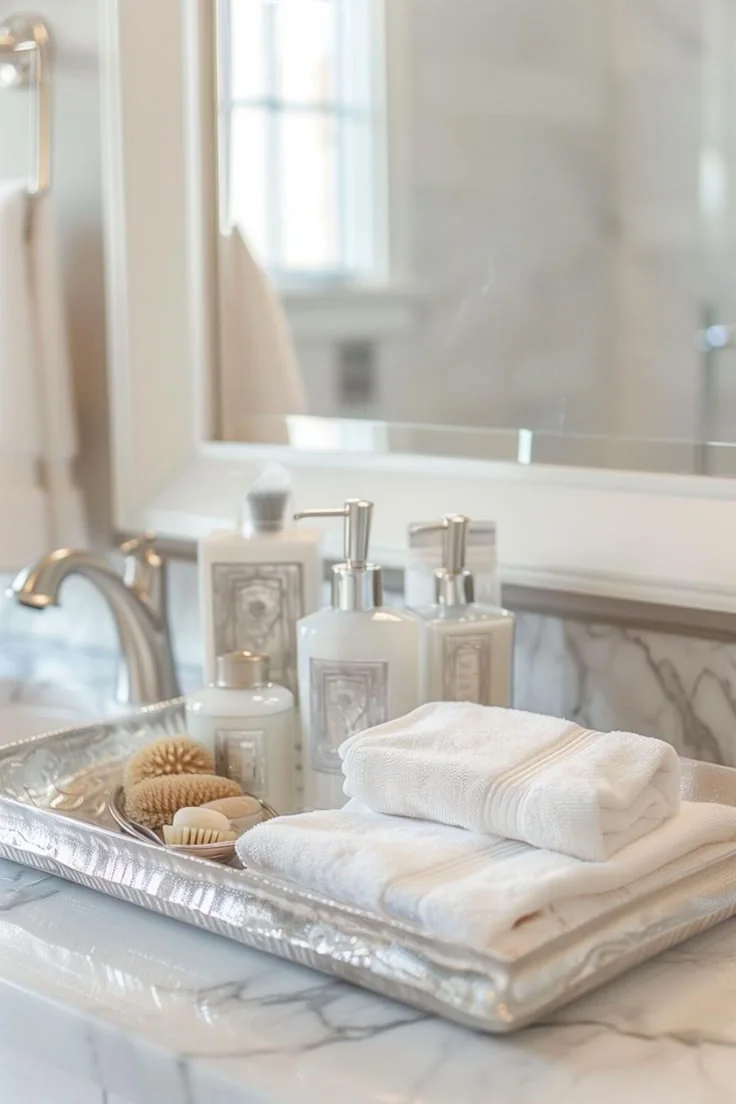 A silver-toned tray holds folded white towels, matching pump bottles, a jar, and brushes beside a bathroom sink.