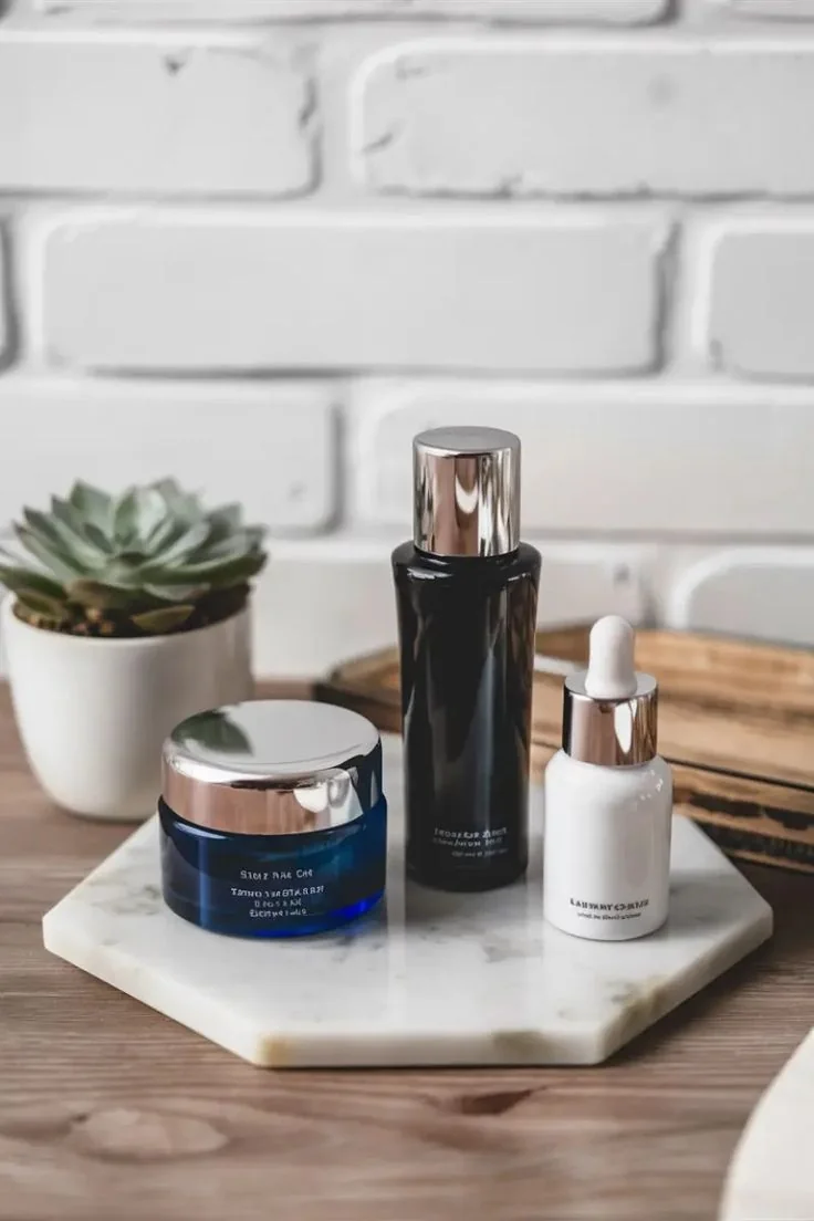 A hexagonal white tray holds three skincare containers beside a small potted plant.