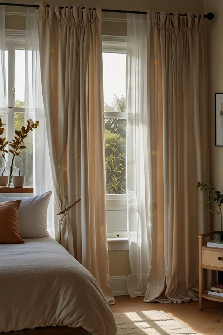 White sheers and full beige curtain panels frame tall windows beside a pale bed.