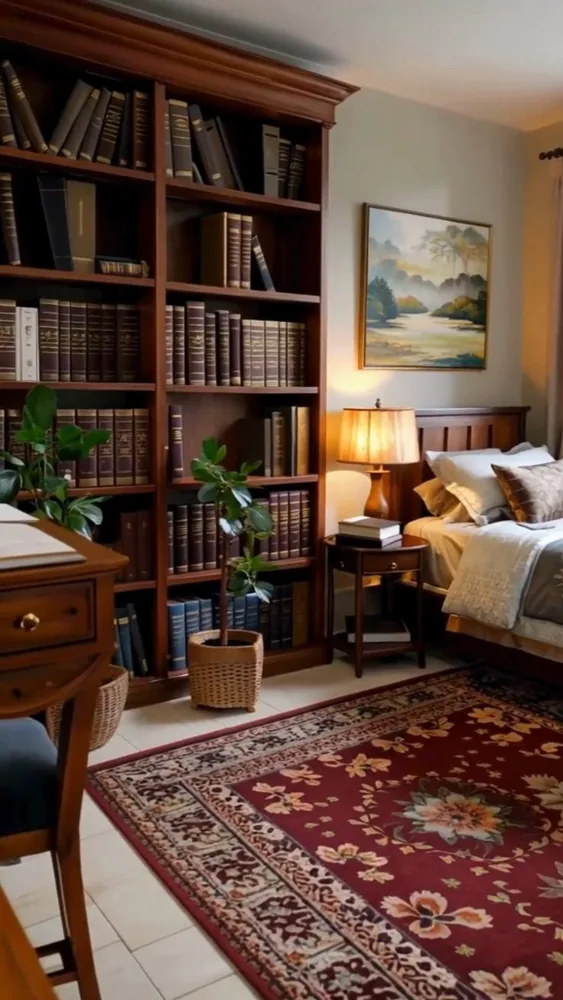 A muted gray-green bedroom wall stands behind pale bedding, a dark bed frame and a large bookcase.