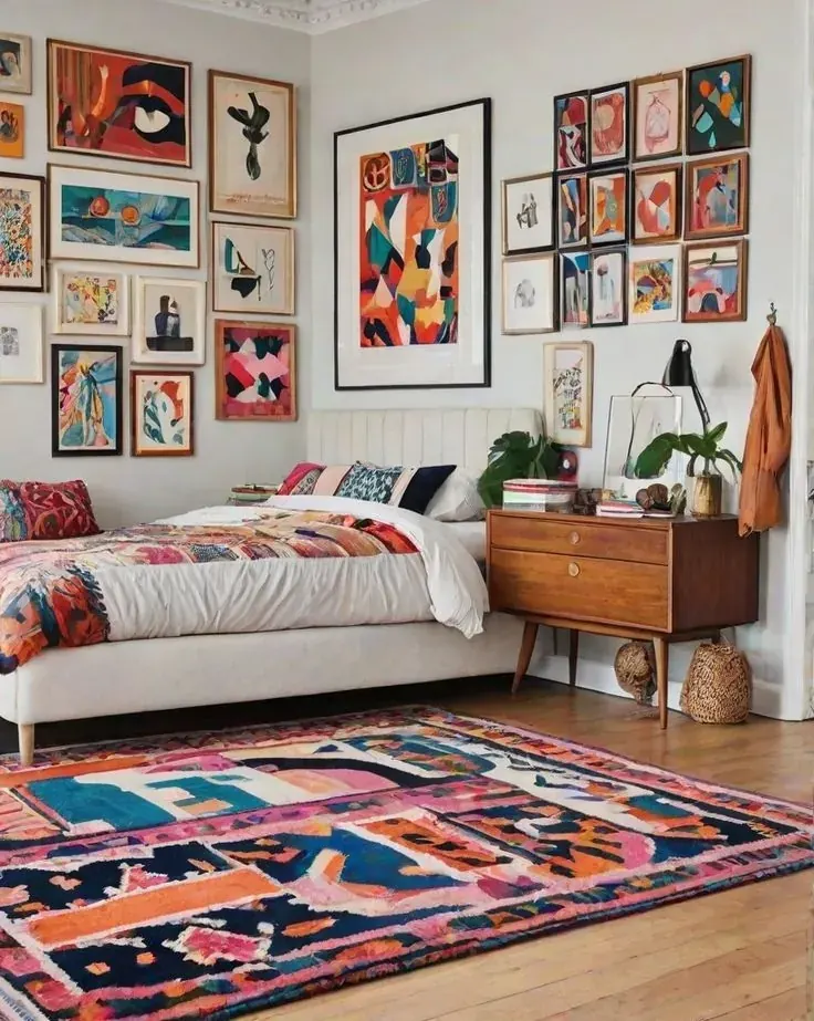 Colorful framed art hangs above a bed beside a wooden chest and a multicolored rug.