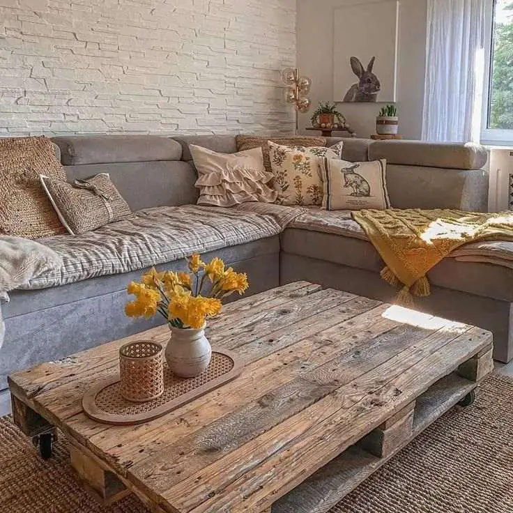 A gray sectional with patterned pillows, a yellow throw, and yellow flowers on a weathered-looking coffee table.