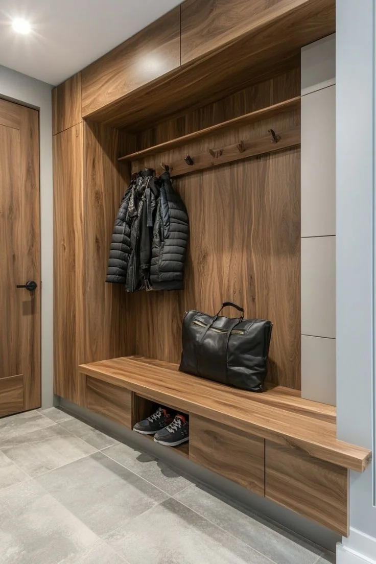 A wood-lined entryway has a long bench, coat hooks, and open shoe space beneath the seat.