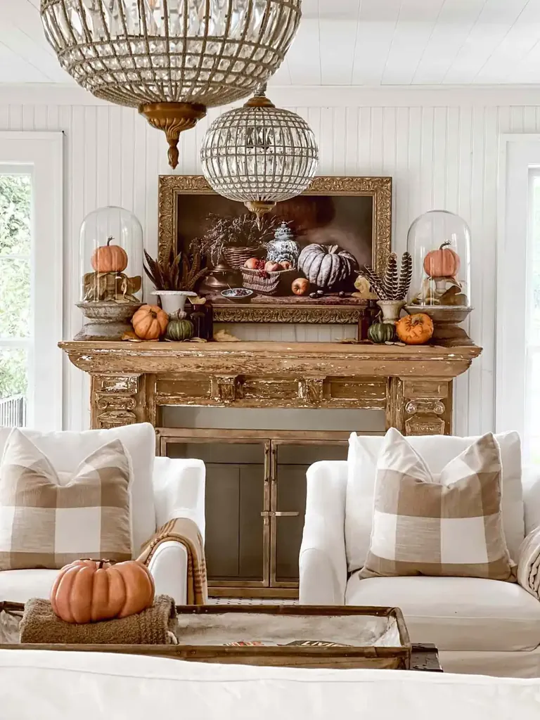 Pumpkins, glass cloches, and feather arrangements line a rustic mantel behind two pale chairs with checked pillows.