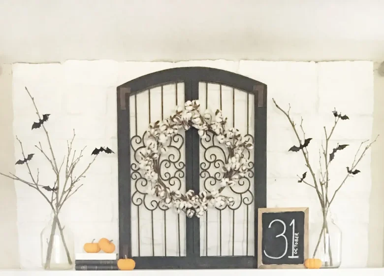 Halloween Mantel Decor Ideas with Bats, Banners and Pumpkins