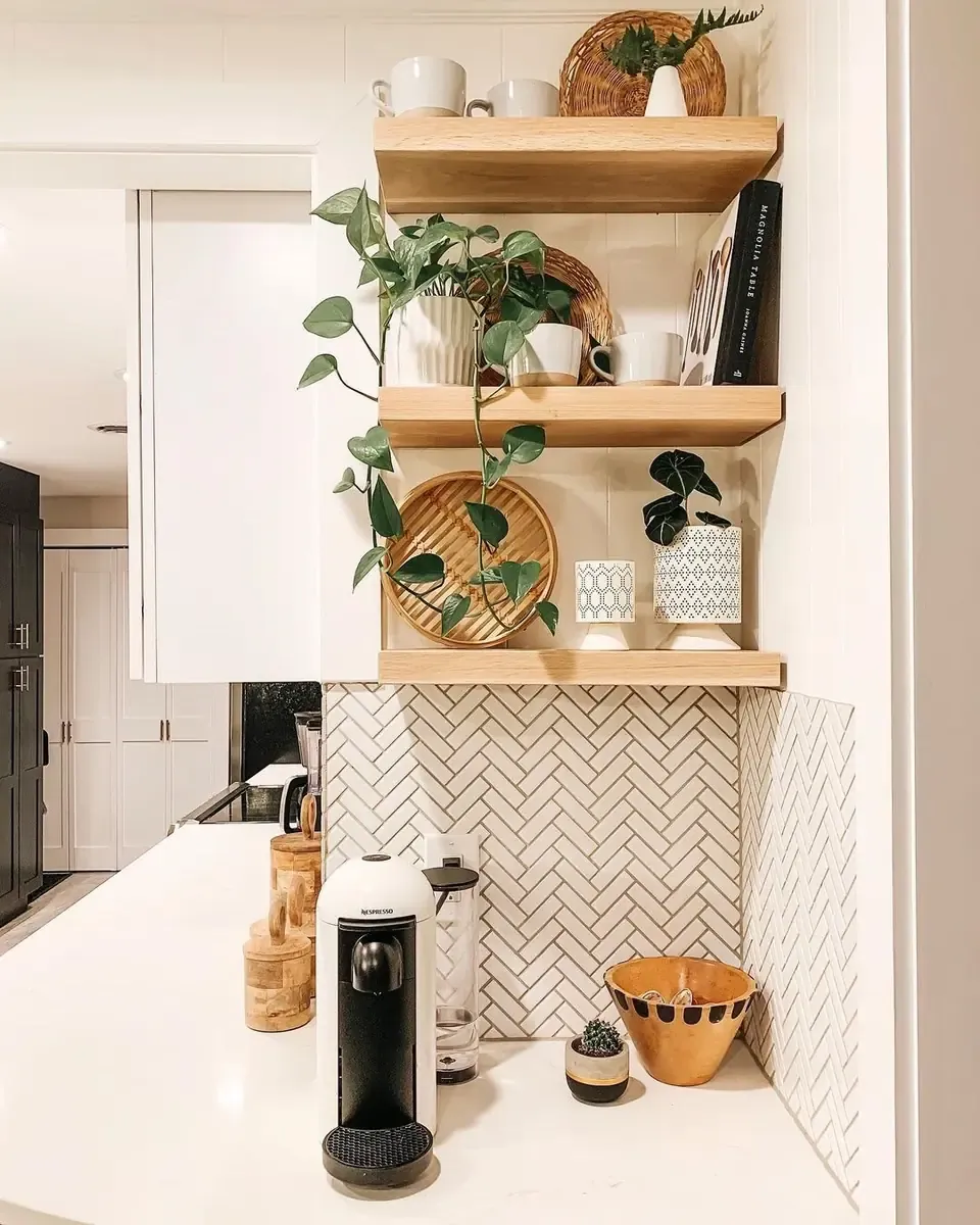 A slim coffee maker, a small plant, and a bowl occupy the back of a narrow white counter.