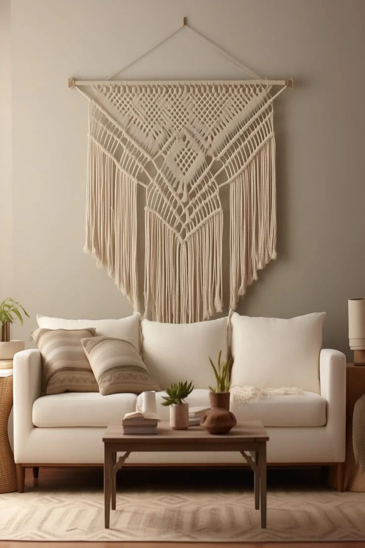 A large cream knotted wall hanging sits above a cream sofa and wooden coffee table.