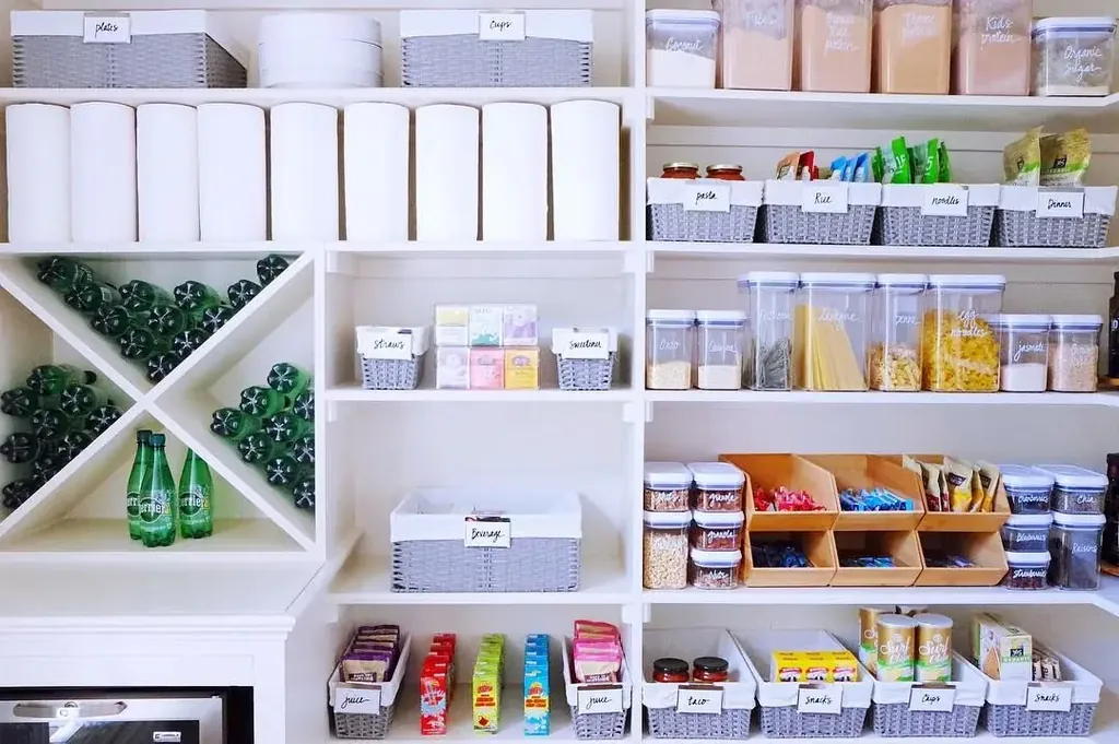 White pantry shelves display labeled gray baskets, clear containers, boxed foods, jars, and green bottles in divided cubbies.