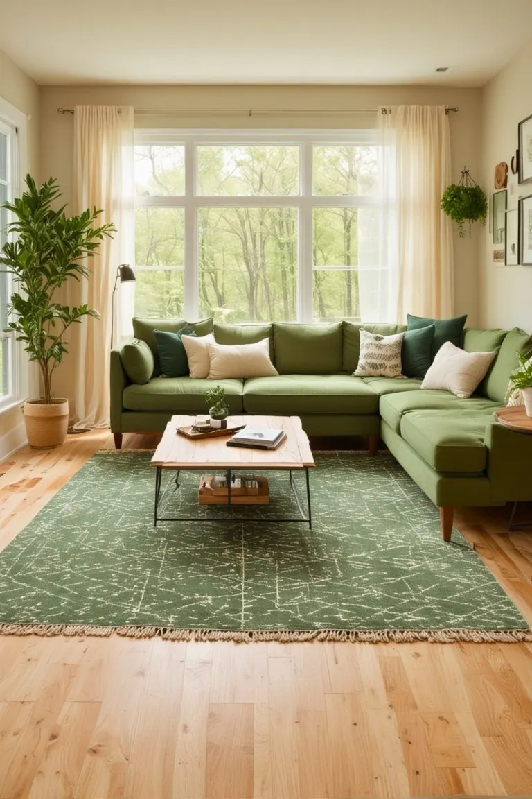 An olive green sectional with cream pillows, pale walls and a green patterned rug.