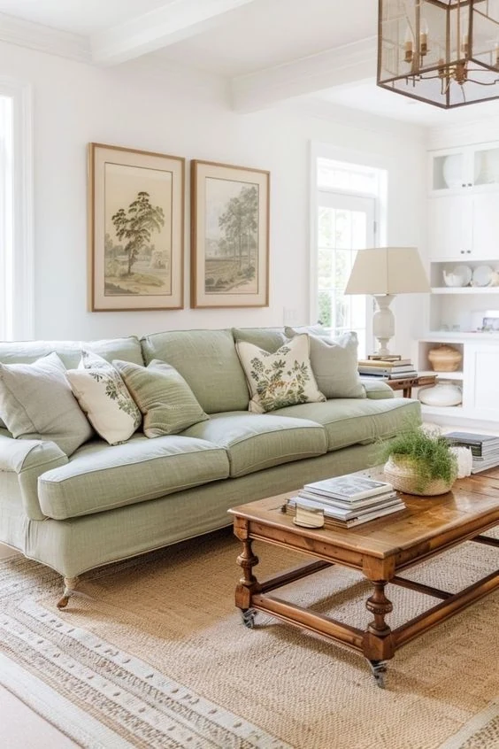 A pale sage sofa with botanical pillows, white walls and a woven neutral rug.