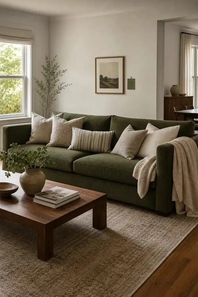 A dark green sofa with cream and beige pillows, warm white walls and a neutral rug.