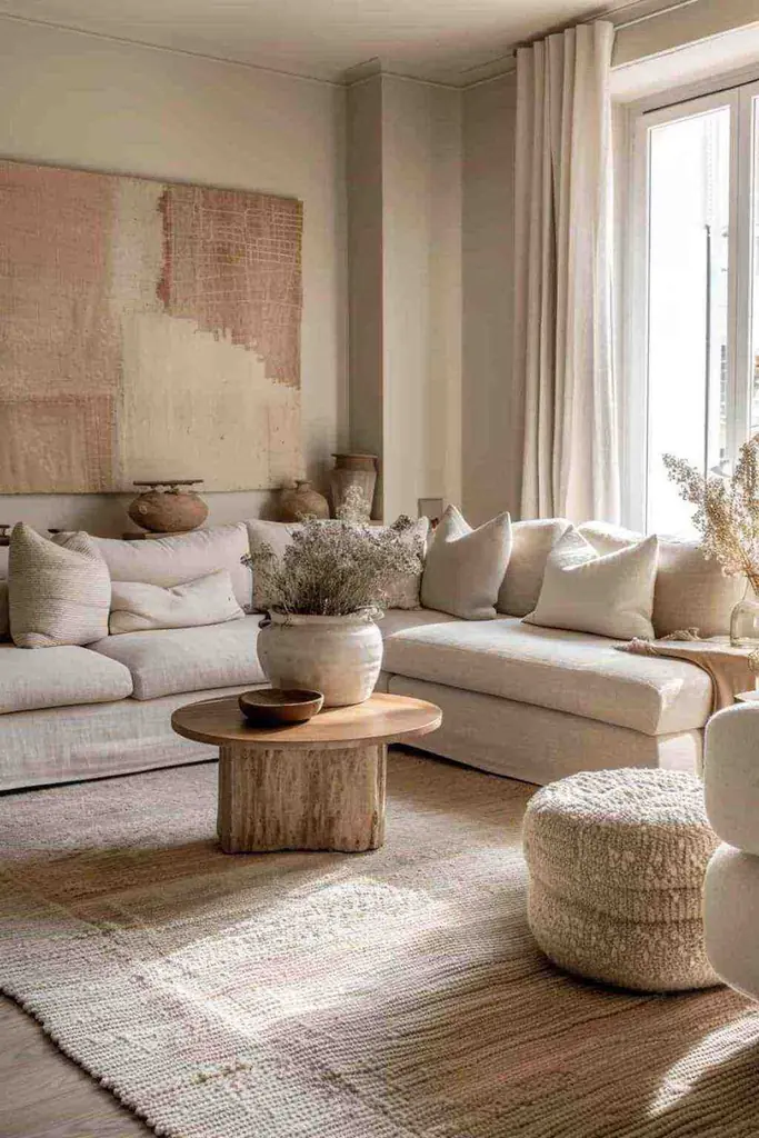 Cream sectional with pale cushions, a round wood table, a ridged rug and a textured round pouf.