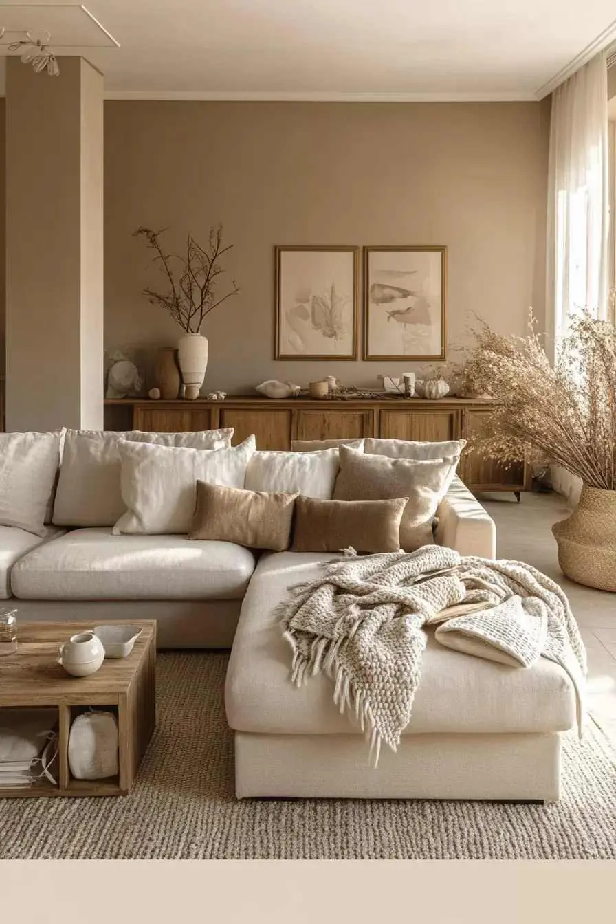 Cream chaise sofa with pale and brown cushions in front of a sand-colored wall and wood cabinet.