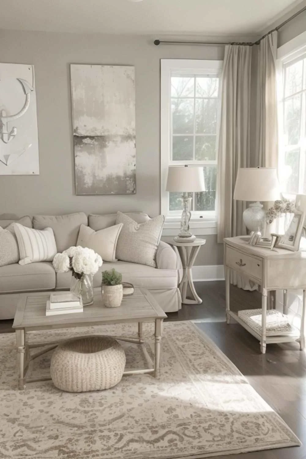 Light sofa with cream cushions beside pale tables and white lampshades, with a patterned rug and gray walls.