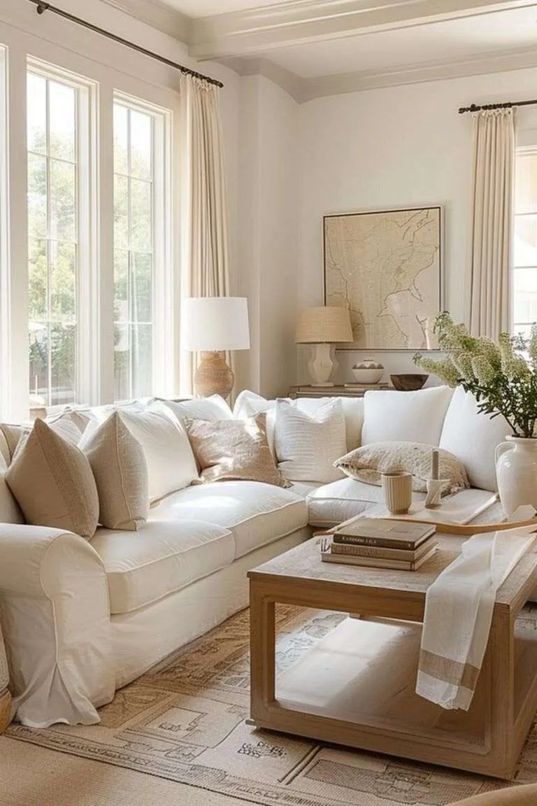 White sectional with tan and cream cushions beside a rectangular wood coffee table and pale framed artwork.