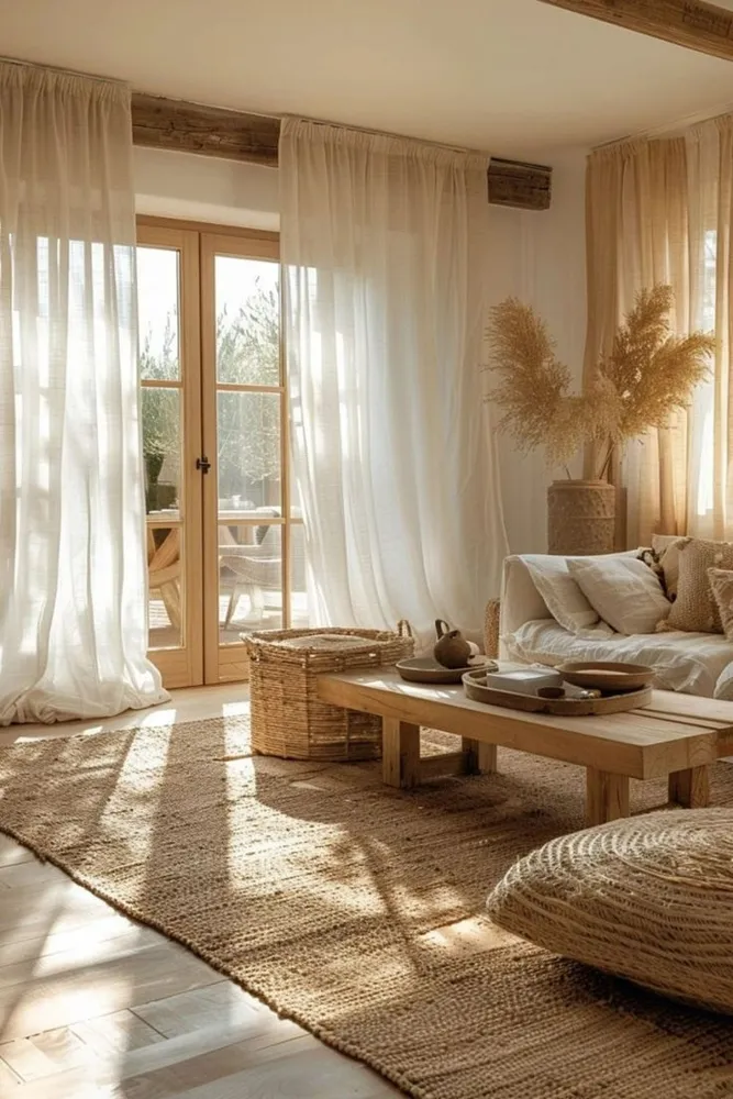 White curtains frame glazed doors beside a pale sofa, low wooden table and textured rug.